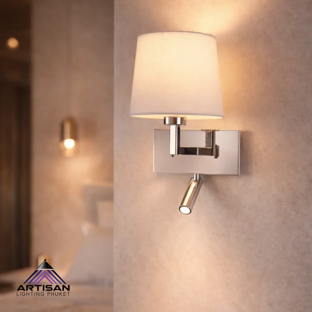โคมไฟอ่านหนังสือติดผนัง ผ้าครอบ Off-White พร้อม LED 3W 3000K | Wall Reading Lamp | Artisan Lighting โคมไฟหัวเตียง E27 + LED 3W 3000K ผ้าครอบหรู