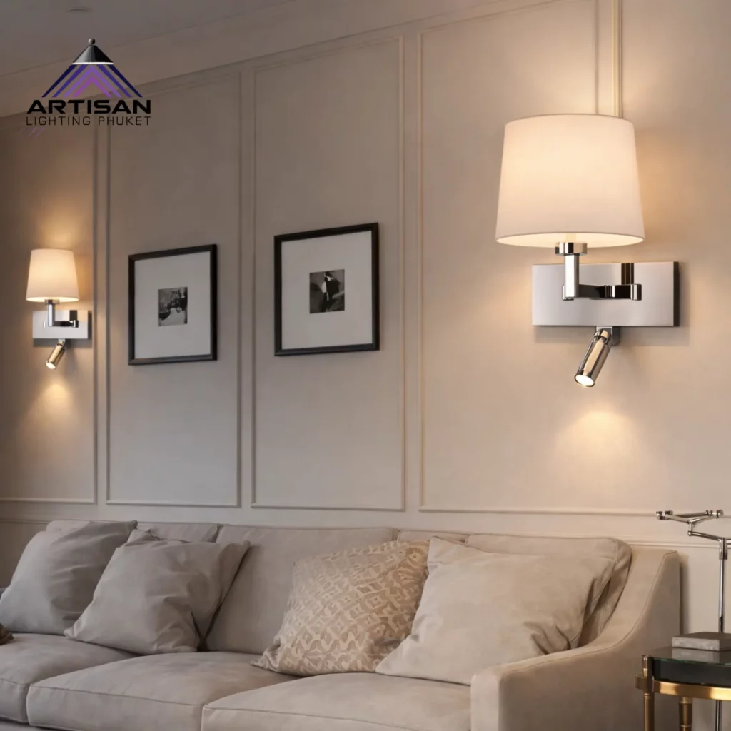 โคมไฟอ่านหนังสือติดผนัง ผ้าครอบ Off-White พร้อม LED 3W 3000K | Wall Reading Lamp | Artisan Lighting โคมไฟหัวเตียง E27 + LED 3W 3000K ผ้าครอบหรู