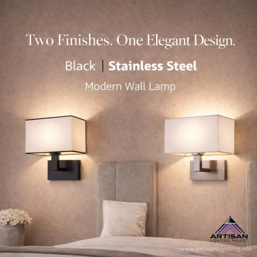โคมไฟติดผนังผ้า Wall Lamp Stainless Fabric Shade E27 ทรงสี่เหลี่ยม | Artisan Lighting โคมไฟติดผนัง สั่งทำ Artisan Lighting