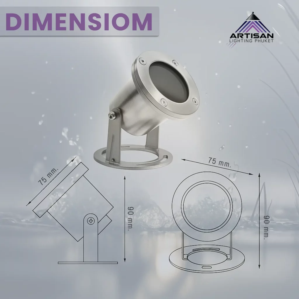 โคมไฟใต้น้ำ สแตนเลส MR16 IP68 ขนาด D75xH90 mm. 12V | Under Water Light Stainless Round MR16 IP68 12V |ART-UN-349-UW0004-MR16 | Artisan Lighting โคมไฟใต้น้ำ Stainless MR16 IP68