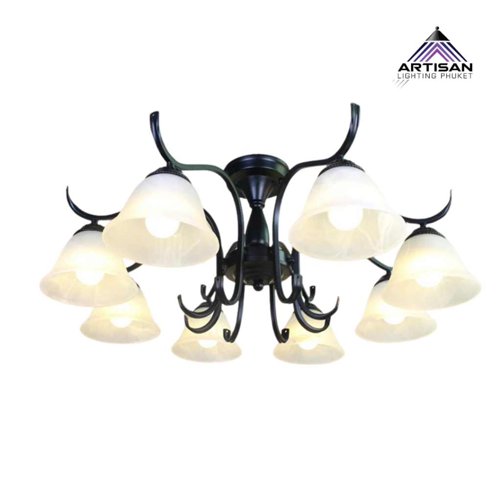 โคมไฟระย้าคลาสสิก 8 หัว สีดำ โคมแก้ว Frosted | Classic Chandelier Pendant Lamp | ART-PE-300-MGS-8H-850 | Artisan Lighting โคมไฟระย้าคลาสสิก 8 หัว สีดำ